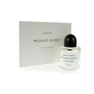 Byredo Mojave Ghost Eau de Parfum – minimalistinis įpakavimas su baltu buteliuku ir logotipu.