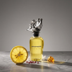 Louis Vuitton Fantasmagory Extrait de Parfum kvepalų buteliukas su citrinos griežinėliu ir rožiniais pipirais, Aroma Tale