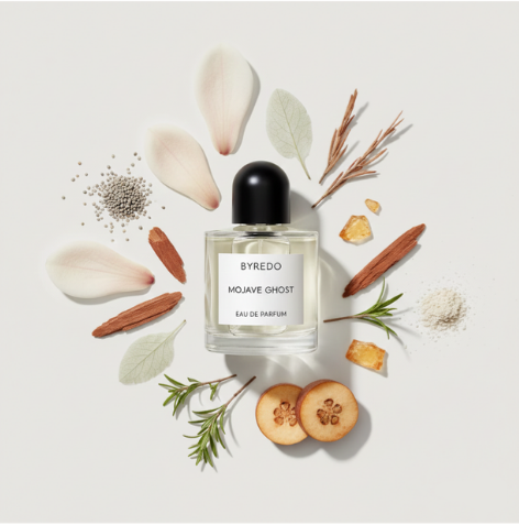 Byredo Mojave Ghost nišiniai kvepalai – buteliukas natūralioje aplinkoje. Kompozicijoje naudojamos natūralios šiltos sandalmedžio ir muskuso natos.