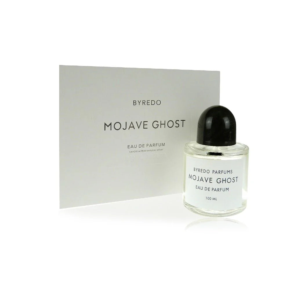 Byredo Mojave Ghost Eau de Parfum – minimalistinis įpakavimas su baltu buteliuku ir logotipu.