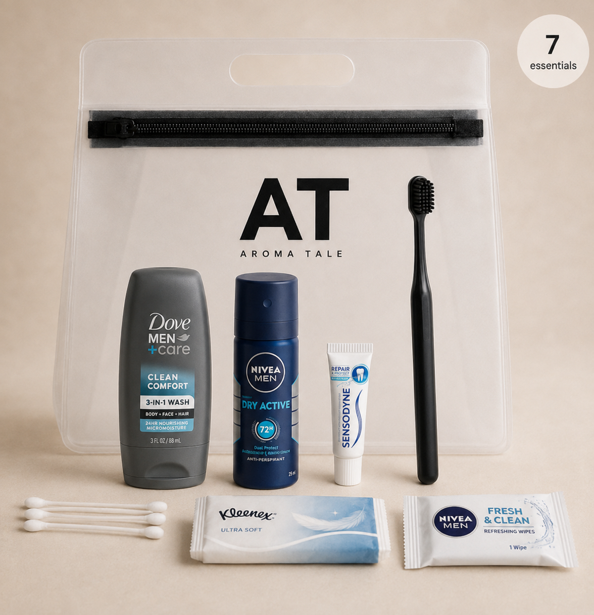 Weekend Essentials Basic Kit kelioninis kūno priežiūros rinkinys skaidriame dėkle – Aromatale