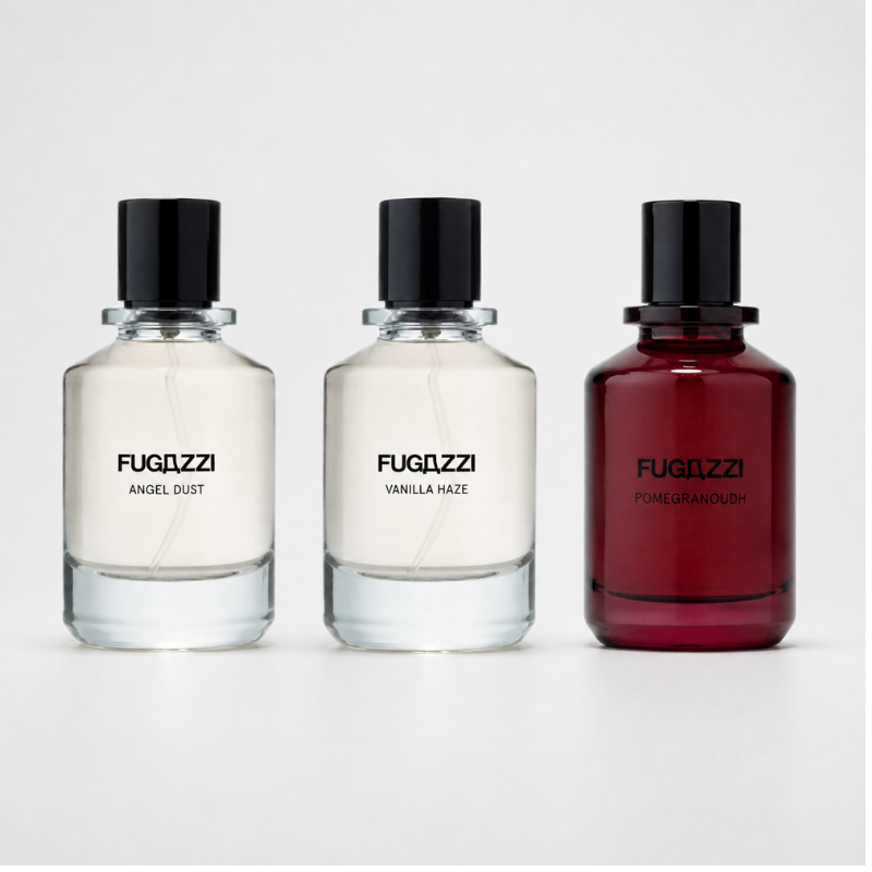 Fugazzi Discovery Set Angel Dust, Vanilla Haze ir Pomegranoudh kvepalų buteliukai