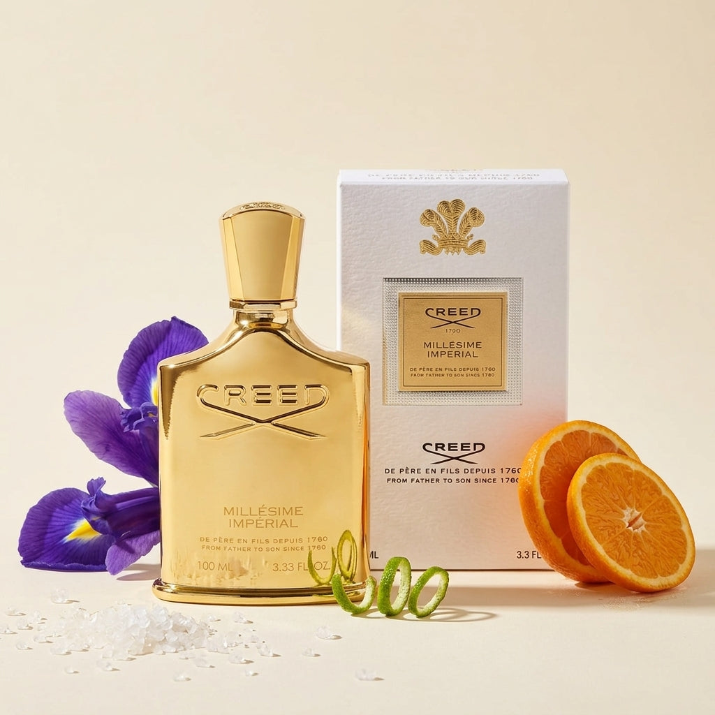 Creed Millesime Imperial EDP kvepalų buteliukas ir pakuotė su apelsinais – prabangus citrusinis aromatas, Aroma Tale