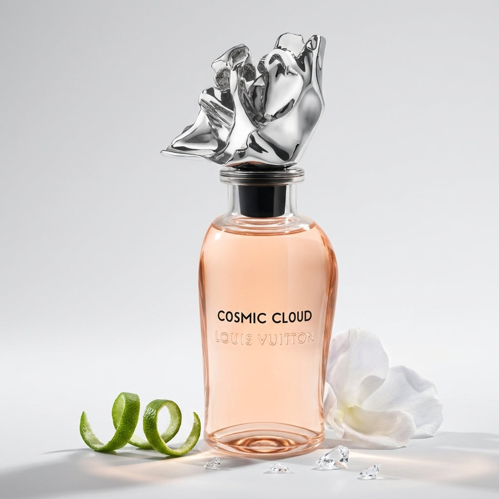Louis Vuitton Cosmic Cloud Extrait de Parfum kvepalų buteliukas su baltu žiedu ir laimo žievele, Aroma Tale