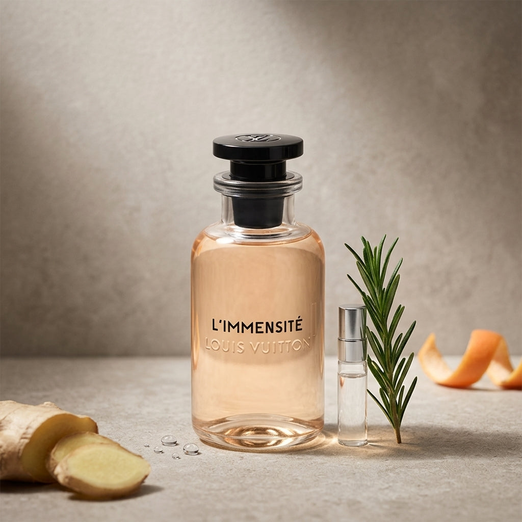 Louis Vuitton L'Immensité EDP kvepalų buteliukas ir kvepalų mėginukas su imbieru bei rozmarinu, Aroma Tale
