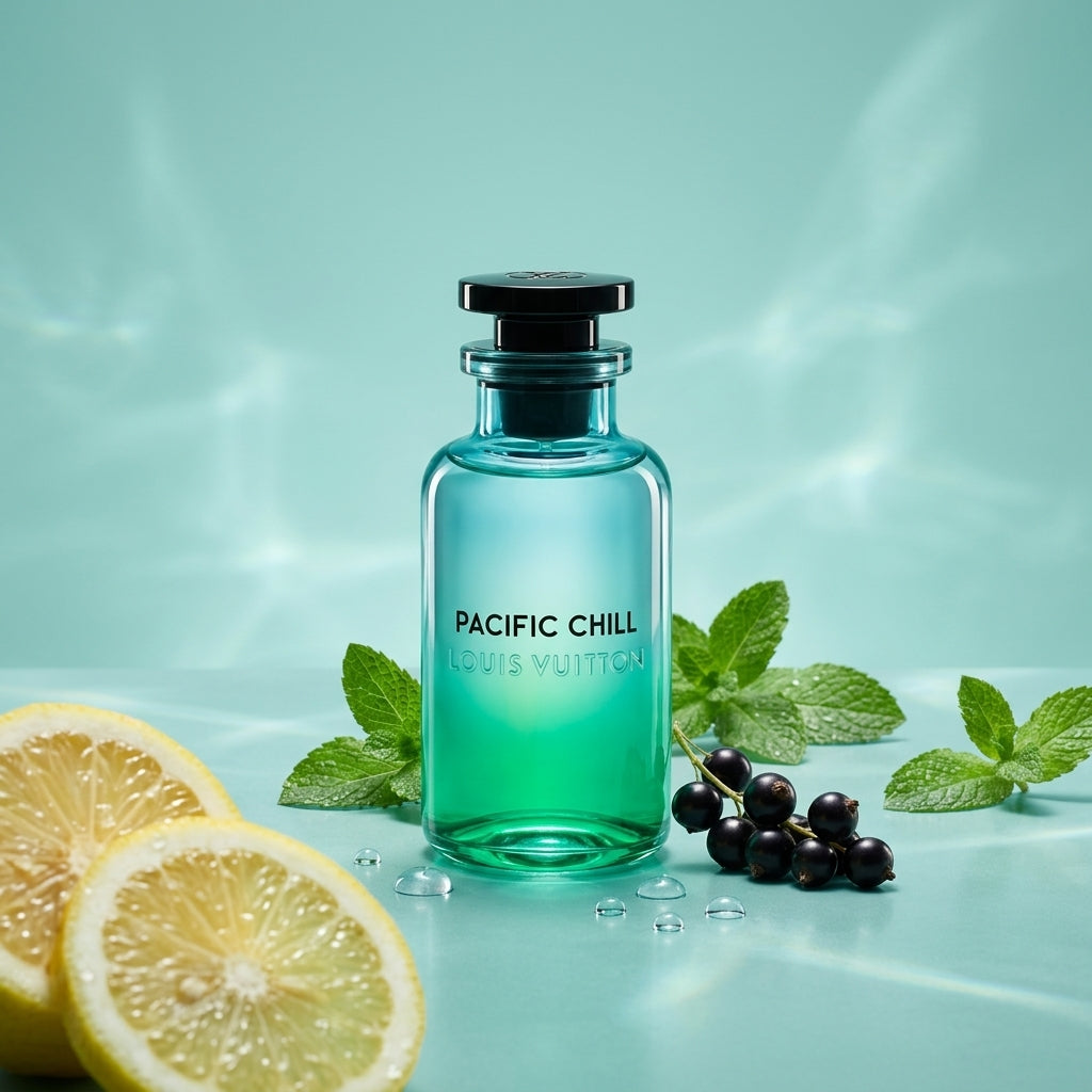 Louis Vuitton Pacific Chill EDP kvepalų buteliukas su citrinomis, mėtomis ir juodaisiais serbentais – gaivus unisex aromatas, Aroma Tale