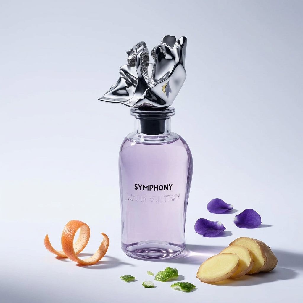 Louis Vuitton Symphony Extrait de Parfum kvepalų buteliukas su apelsino žievele, žiedlapiais ir imbieru, Aroma Tale