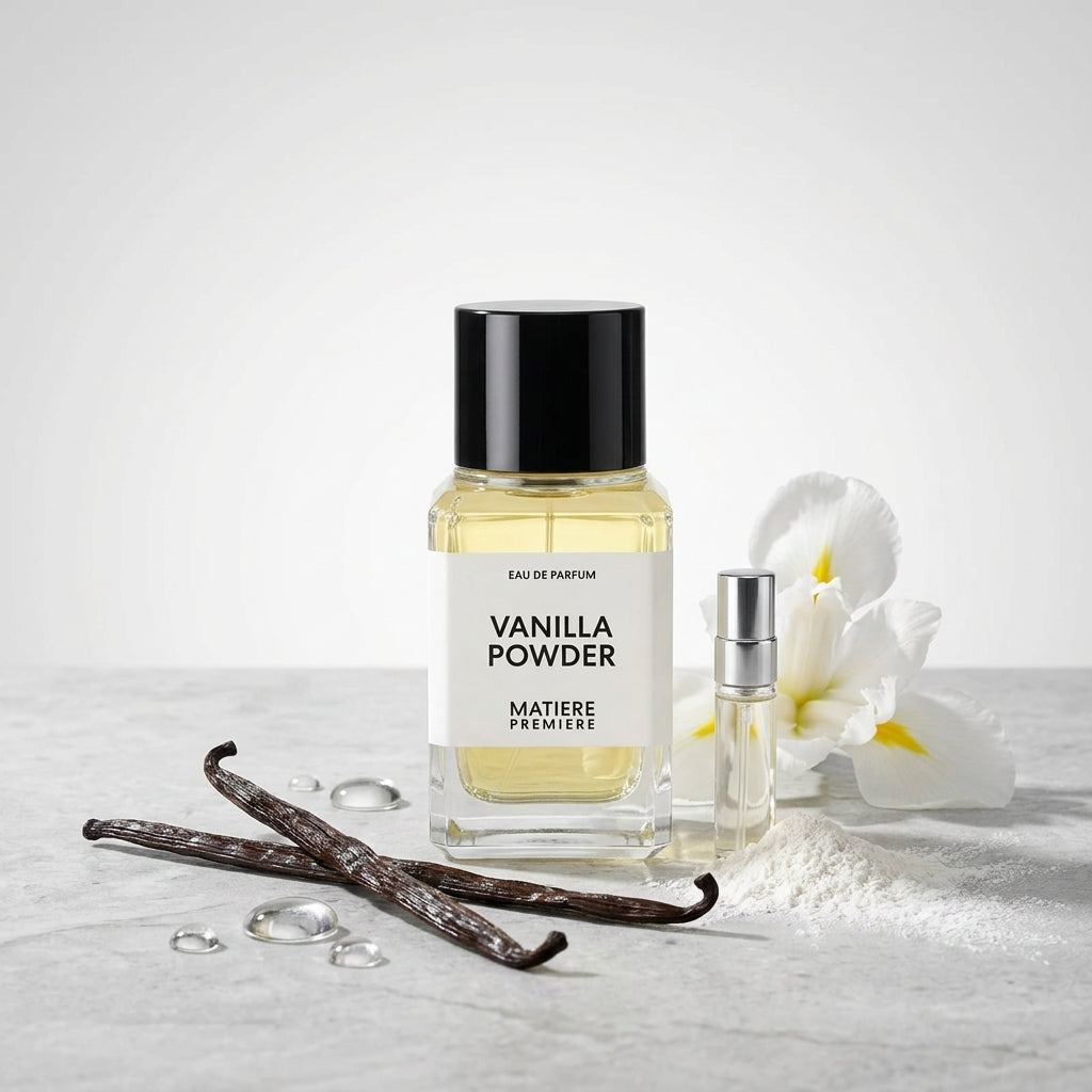 Matiere Premiere Vanilla Powder EDP kvepalų buteliukas ir kvepalų mėginukas su vanilės ankštimis, Aroma Tale