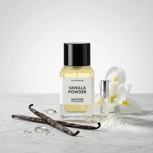 Matiere Premiere Vanilla Powder EDP kvepalų buteliukas ir kvepalų mėginukas su vanilės ankštimis, Aroma Tale