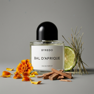 Byredo Bal d'Afrique EDP smaržu pudele stilizētā kompozīcijā – Aromatale