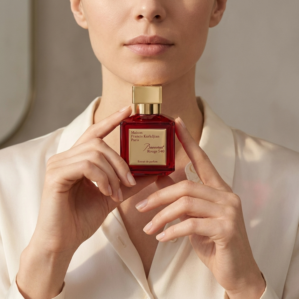 Maison Francis Kurkdjian Baccarat Rouge 540 Extrait parfüümipudel modelli kätes – Aromatale