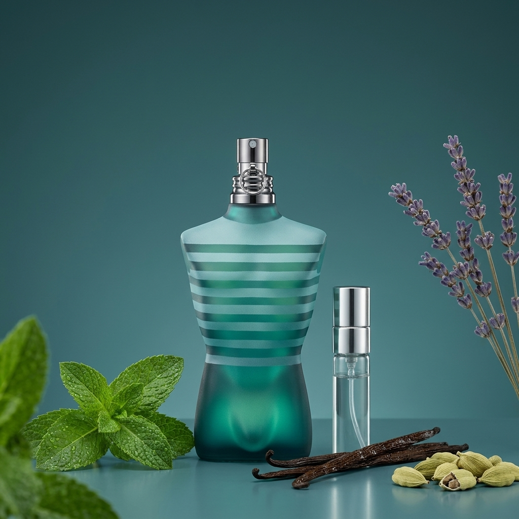 Jean Paul Gaultier Le Male EDT kvepalų buteliukas su mėtomis, levandomis ir prieskoniais