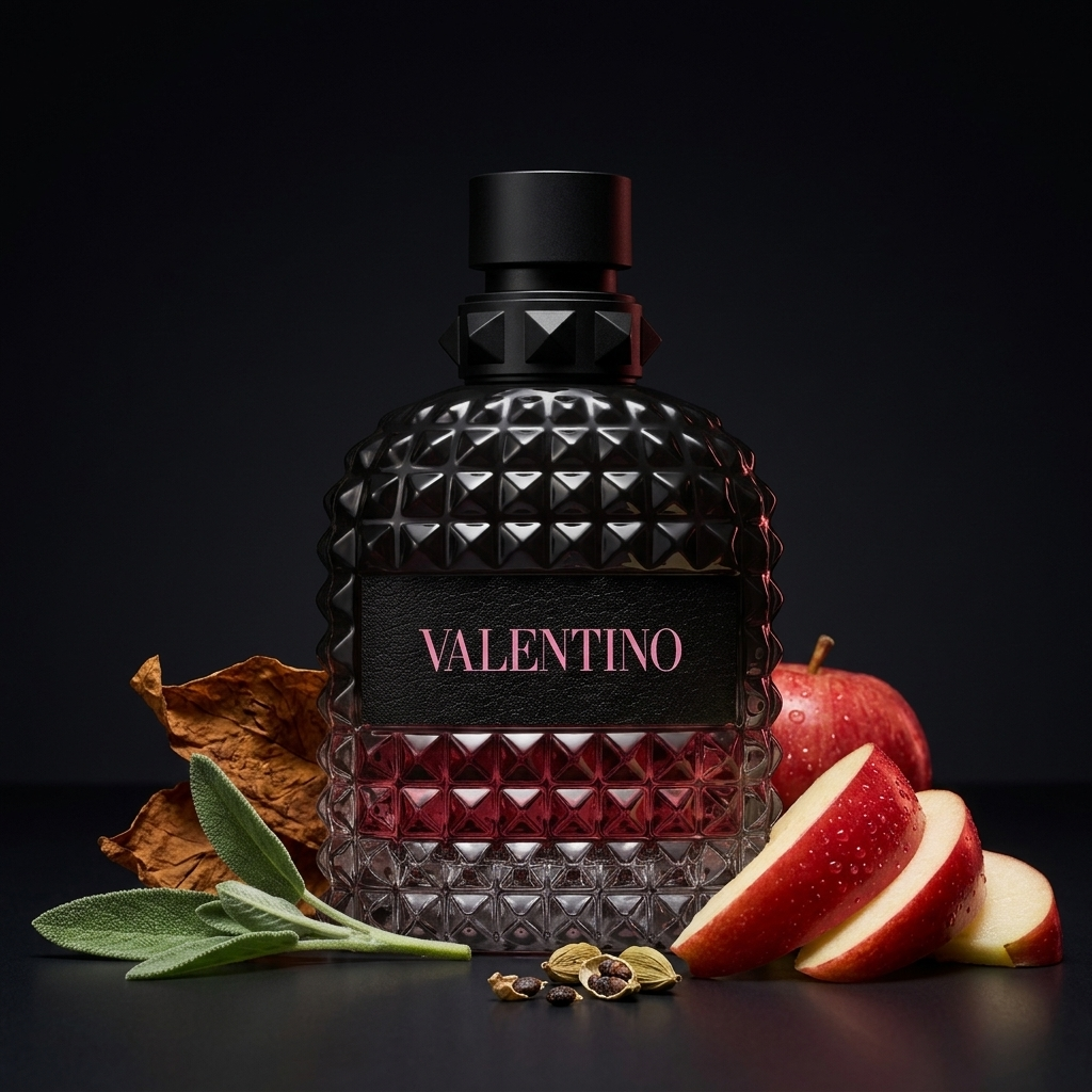Valentino Born In Roma Uomo Intense EDP kvepalų buteliukas su obuoliais ir lapais