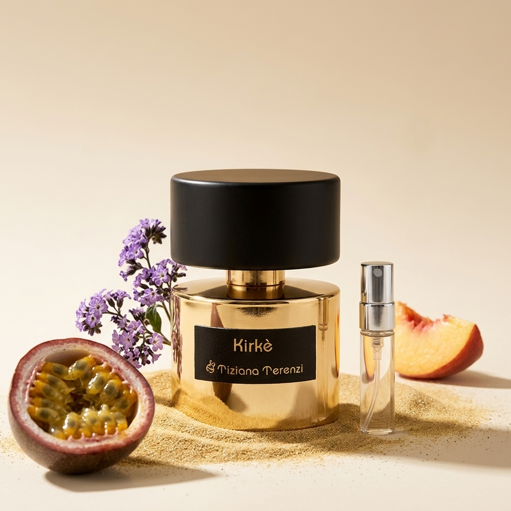 Tiziana Terenzi Kirkè Extrait de Parfum kvepalų buteliukas ir Aroma Tale mėginukas su vaisiais ir žiedais