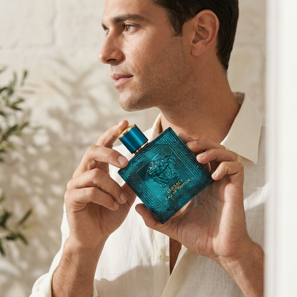 Vyras laiko Versace Eros EDP kvepalų buteliuką