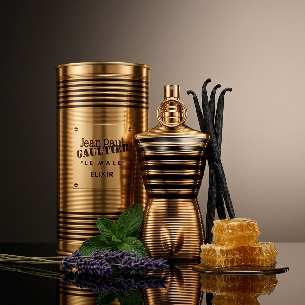 Jean Paul Gaultier Le Male Elixir kvepalų buteliukas ir pakuotė su medumi, vanile ir levandomis