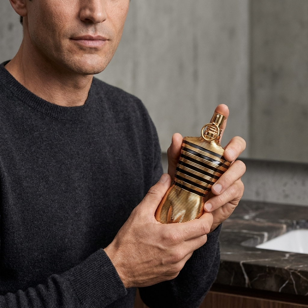 Vyras laiko Jean Paul Gaultier Le Male Elixir kvepalų buteliuką