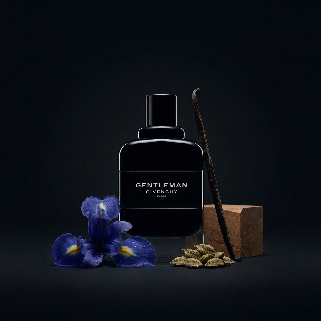 Givenchy Gentleman EDP kvepalų buteliukas su purpuriniu žiedu ir prieskoniais