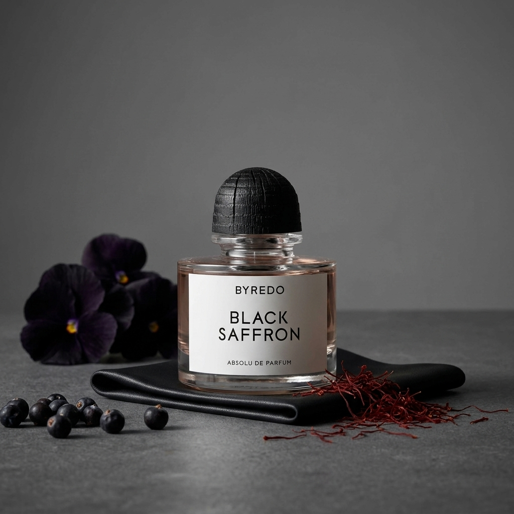 Byredo Black Saffron kvepalų buteliukas tamsioje kompozicijoje su žiedu ir uogomis