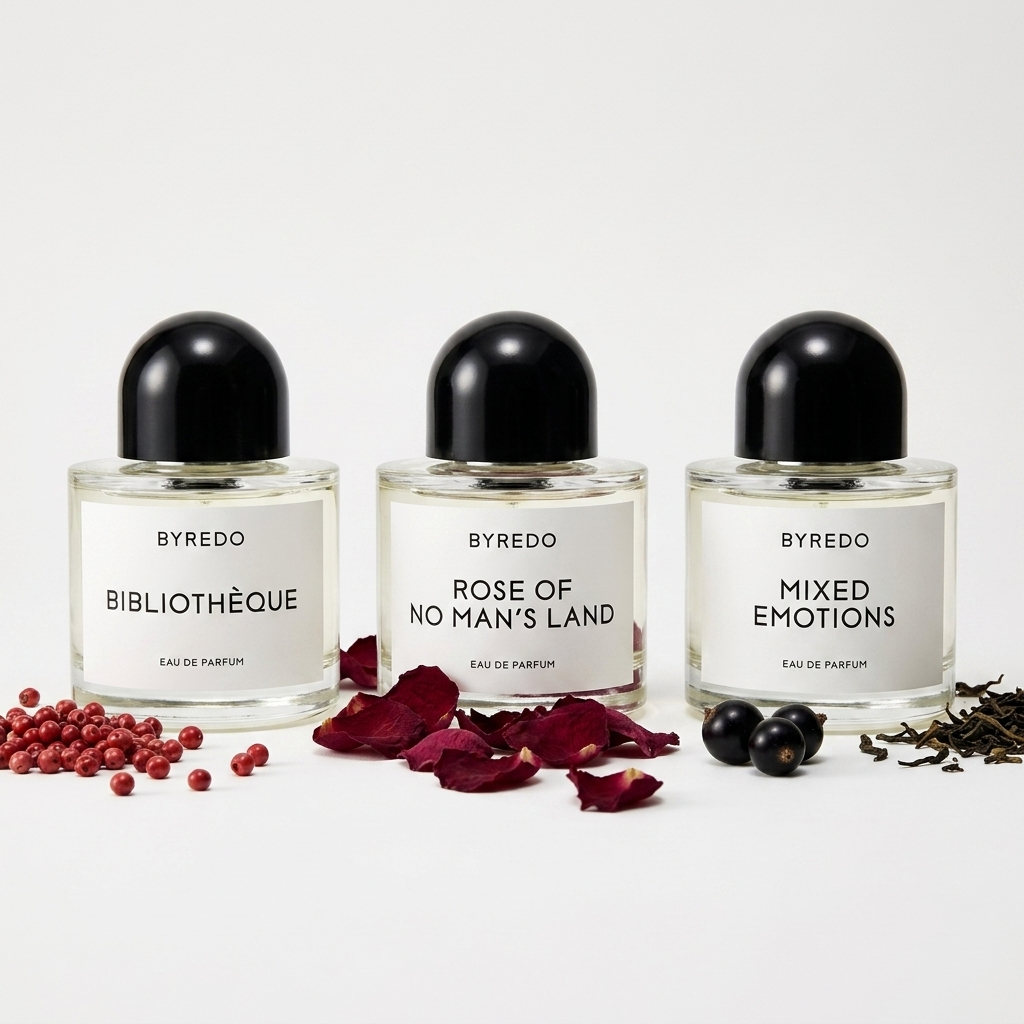 Byredo Discovery Set 2 Bibliothèque, Rose of No Man's Land ir Mixed Emotions buteliukai su žiedlapiais ir uogomis