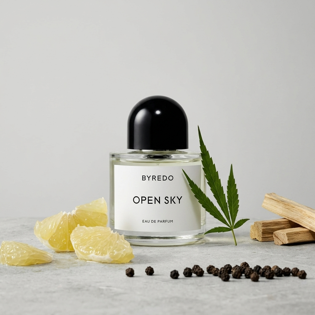 Byredo Open Sky EDP kvepalų buteliukas su žaliu lapu ir medienos detalėmis