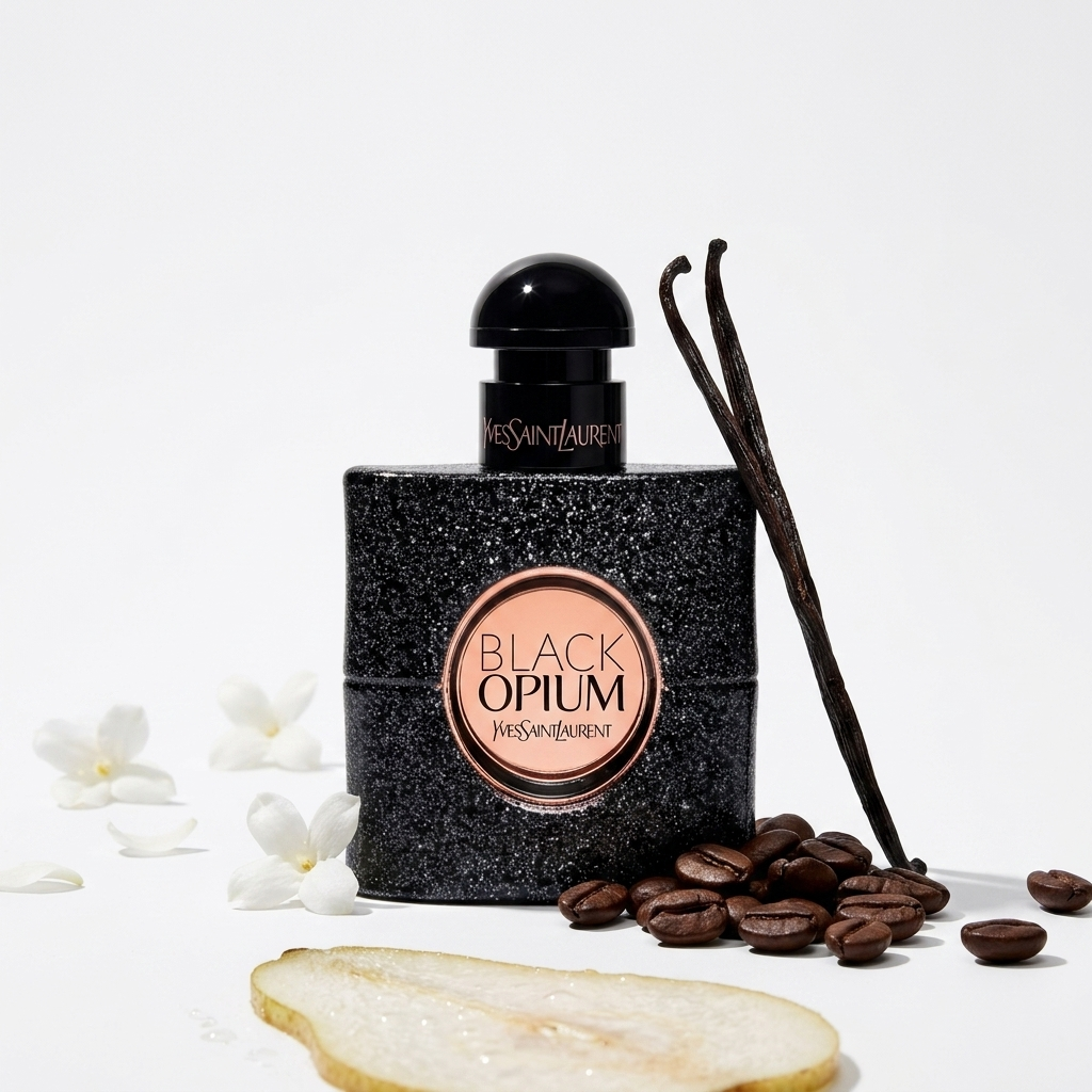 YSL Black Opium EDP kvepalų buteliukas su kavos pupelėmis ir baltais žiedais