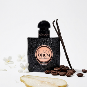 YSL Black Opium EDP kvepalų buteliukas su kavos pupelėmis ir baltais žiedais