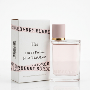 Burberry Her EDP kvepalų buteliukas ir pakuotė