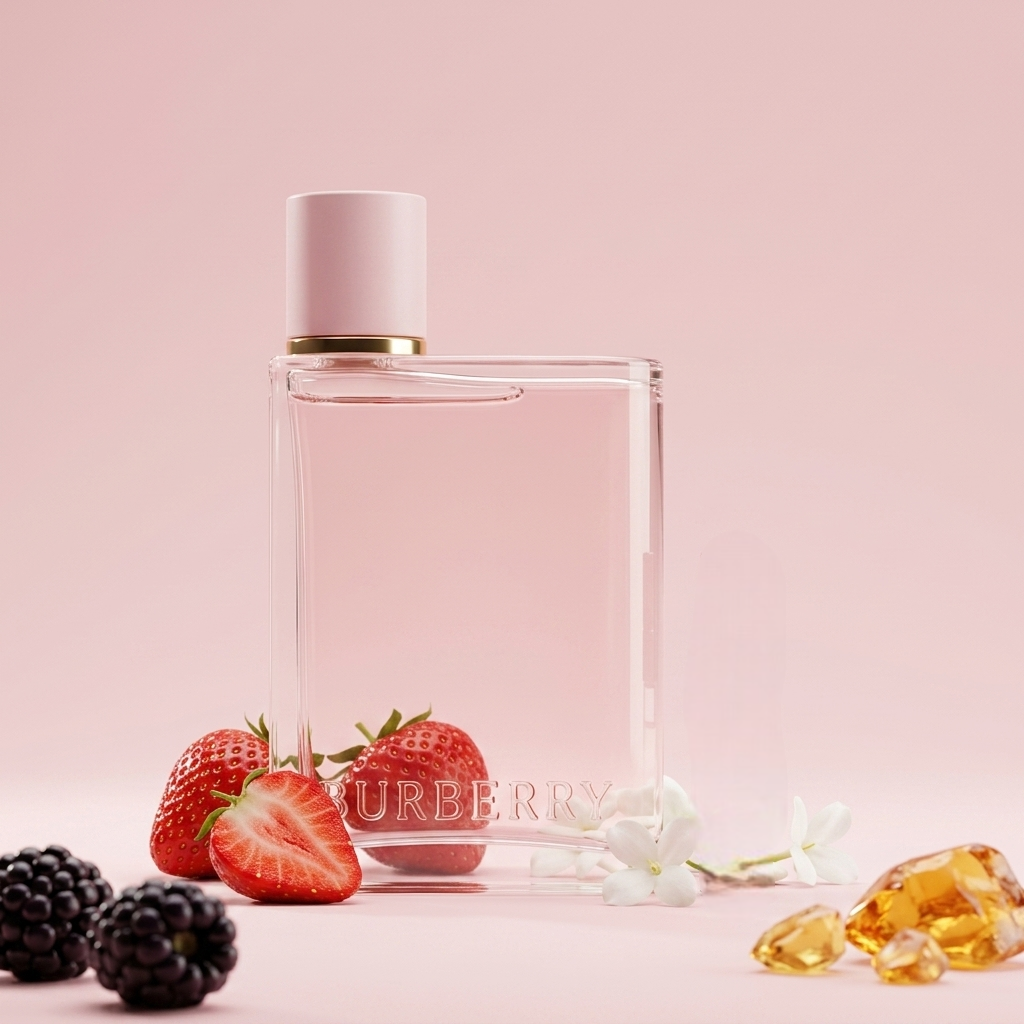 Burberry Her EDP kvepalų buteliukas su braškėmis, gervuogėmis ir baltais žiedais
